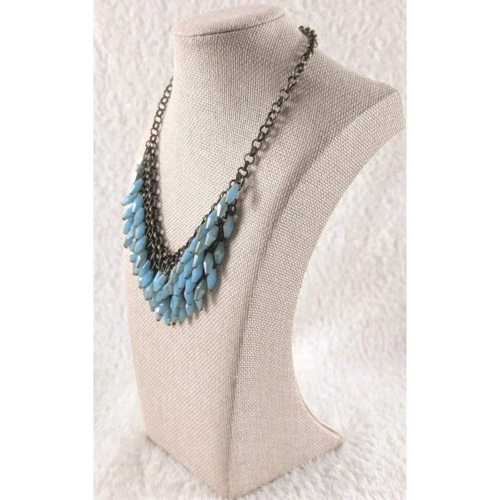 Boho Statement Necklace Aqua Blue Beads Antique Gold Chain Bib Chunky‎ Fashion